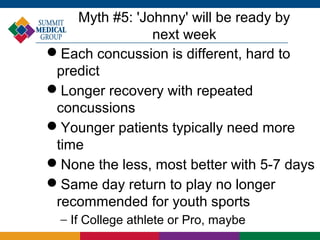 Myth #5: 'Johnny' will be ready by
                next week
Each concussion is different, hard to
 predict
Longer recovery with repeated
 concussions
Younger patients typically need more
 time
None the less, most better with 5-7 days
Same day return to play no longer
 recommended for youth sports
  − If College athlete or Pro, maybe
 