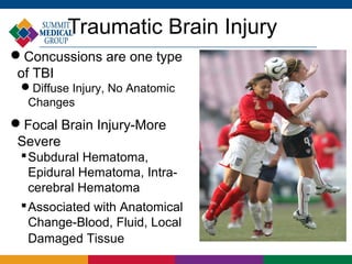 Traumatic Brain Injury
Concussions are one type
 of TBI
 Diffuse Injury, No Anatomic
  Changes
Focal Brain Injury-More
 Severe
  Subdural Hematoma,
   Epidural Hematoma, Intra-
   cerebral Hematoma
  Associated with Anatomical
   Change-Blood, Fluid, Local
   Damaged Tissue
 
