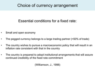 Choice of currency arrangement


              Essential conditions for a fixed rate:


•   Small and open economy

•   The pegged currency belongs to a large trading partner (>50% of trade)

•   The country wishes to pursue a macroeconomic policy that will result in an
    inflation rate consistent with that in the country

•   The country is prepared to adopt institutional arrangements that will assure
    continued credibility of the fixed rate commitment

                             (Williamson, J., 1998)
 