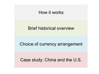How it works


   Brief historical overview


Choice of currency arrangement


Case study: China and the U.S.
 