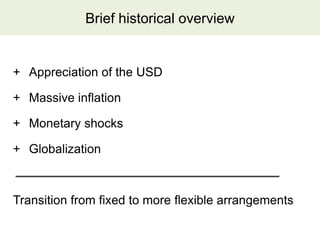 Brief historical overview


+ Appreciation of the USD

+ Massive inflation

+ Monetary shocks

+ Globalization



Transition from fixed to more flexible arrangements
 