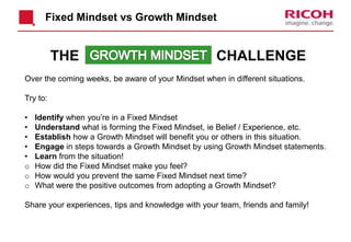 Fixed Mindset vs Growth Mindset
THE CHALLENGE
Over the coming weeks, be aware of your Mindset when in different situations.
Try to:
• Identify when you’re in a Fixed Mindset
• Understand what is forming the Fixed Mindset, ie Belief / Experience, etc.
• Establish how a Growth Mindset will benefit you or others in this situation.
• Engage in steps towards a Growth Mindset by using Growth Mindset statements.
• Learn from the situation!
o How did the Fixed Mindset make you feel?
o How would you prevent the same Fixed Mindset next time?
o What were the positive outcomes from adopting a Growth Mindset?
Share your experiences, tips and knowledge with your team, friends and family!
 