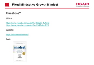 Fixed Mindset vs Growth Mindset
Questions?
Videos:
https://www.youtube.com/watch?v=KUWn_TJTrnU
https://www.youtube.com/watch?v=75GFzikmRY0
Website:
https://mindsetonline.com/
Book:
 