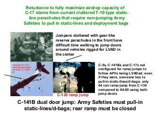 Reluctance to fully maximize airdrop capacity of
  C-17 stems from current cluttered T-10 type static-
    line parachutes that require non-jumping Army
  Safeties to pull in static-lines and deployment bags

                 Jumpers cluttered with gear like
                 reserve parachutes in the front have
                 difficult time walking to jump doors
                 around vehicles rigged for LVAD in
                 the center

                                        C-5s, C-141Bs and C-17s not
                                        configured for ramp jumps to
                                        follow AFVs being LVADed; even
                                        if they were, someone has to
                                        pull-in static-lines/d-bags; only
                                        44 can ramp-jump from C-130
                                        compared to 64-80 using both
                  C-130 ramp jump       jump doors

C-141B dual door jump: Army Safeties must pull-in
  static-lines/d-bags; rear ramp must be closed
 