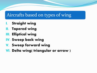 Aircrafts based on types of wing
I. Straight wing
II. Tapered wing
III. Elliptical wing
IV. Sweep back wing
V. Sweep forward wing
VI. Delta wing( triangular or arrow )
 