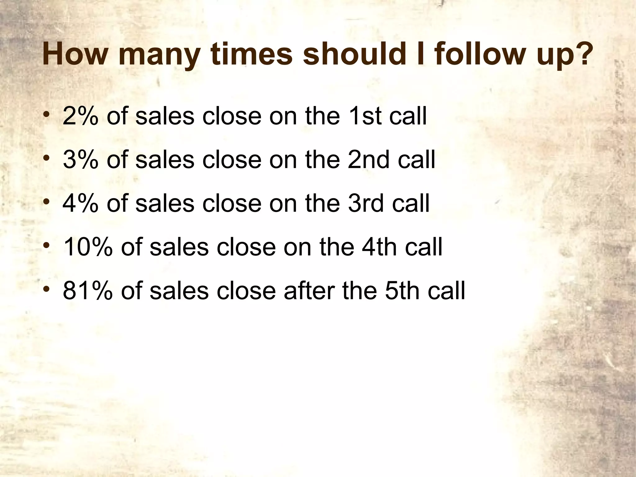 How many times should I follow up?
• 2% of sales close on the 1st call
• 3% of sales close on the 2nd call
• 4% of sales close on the 3rd call
• 10% of sales close on the 4th call
• 81% of sales close after the 5th call
 