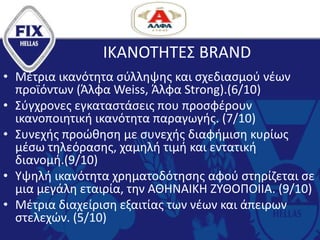 ΙΚΑΝΟΤΗΤΕΣ BRAND
• Μέτρια ικανότητα σύλληψης και σχεδιασμού νέων
προϊόντων (Άλφα Weiss, Άλφα Strong).(6/10)
• Σύγχρονες εγκαταστάσεις που προσφέρουν
ικανοποιητική ικανότητα παραγωγής. (7/10)
• Συνεχής προώθηση με συνεχής διαφήμιση κυρίως
μέσω τηλεόρασης, χαμηλή τιμή και εντατική
διανομή.(9/10)
• Υψηλή ικανότητα χρηματοδότησης αφού στηρίζεται σε
μια μεγάλη εταιρία, την ΑΘΗΝΑΙΚΗ ΖΥΘΟΠΟΙΙΑ. (9/10)
• Μέτρια διαχείριση εξαιτίας των νέων και άπειρων
στελεχών. (5/10)
 