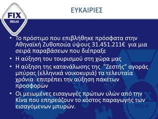 ΕΥΚΑΙΡΙΕΣ
• Το πρόστιμο που επιβλήθηκε πρόσφατα στην
Αθηναϊκή Ζυθοποιία ύψους 31.451.211€ για μια
σειρά παραβάσεων που διέπραξε
• Η αύξηση του τουρισμού στη χώρα μας
• Η αύξηση της κατανάλωσης της "Ζεστής" αγοράς
μπύρας (ελληνικά νοικοκυριά) τα τελευταία
χρόνια επιτρέπει την αύξηση πακέτων
προσφορών
• Οι μειωμένες εισαγωγές πρώτων υλών από την
Κίνα που επηρεάζουν το κόστος παραγωγής των
εισαγόμενων μπυρών.
 
