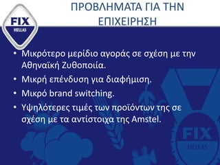 ΠΡΟΒΛΗΜΑΤΑ ΓΙΑ ΤΗΝ
ΕΠΙΧΕΙΡΗΣΗ
• Μικρότερο μερίδιο αγοράς σε σχέση με την
Αθηναϊκή Ζυθοποιία.
• Μικρή επένδυση για διαφήμιση.
• Μικρό brand switching.
• Υψηλότερες τιμές των προϊόντων της σε
σχέση με τα αντίστοιχα της Amstel.
 