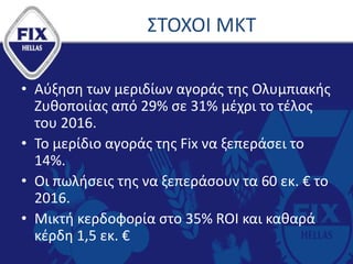 ΣΤΟΧΟΙ ΜΚΤ
• Αύξηση των μεριδίων αγοράς της Ολυμπιακής
Ζυθοποιίας από 29% σε 31% μέχρι το τέλος
του 2016.
• Το μερίδιο αγοράς της Fix να ξεπεράσει το
14%.
• Οι πωλήσεις της να ξεπεράσουν τα 60 εκ. € το
2016.
• Μικτή κερδοφορία στο 35% ROI και καθαρά
κέρδη 1,5 εκ. €
 