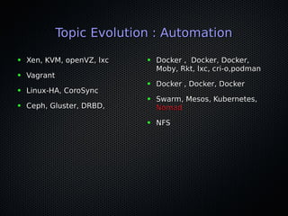 Topic Evolution : AutomationTopic Evolution : Automation
● Xen, KVM, openVZ, lxcXen, KVM, openVZ, lxc
● VagrantVagrant
● Linux-HA, CoroSyncLinux-HA, CoroSync
● Ceph, Gluster, DRBD,Ceph, Gluster, DRBD,
● Docker , Docker, Docker,Docker , Docker, Docker,
Moby, Rkt, lxc, cri-o,podmanMoby, Rkt, lxc, cri-o,podman
● Docker , Docker, DockerDocker , Docker, Docker
● Swarm, Mesos, Kubernetes,Swarm, Mesos, Kubernetes,
NomadNomad
● NFSNFS
 