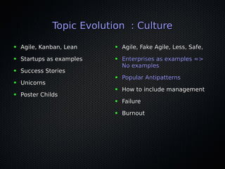 Topic Evolution : CultureTopic Evolution : Culture
● Agile, Kanban, LeanAgile, Kanban, Lean
● Startups as examplesStartups as examples
● Success StoriesSuccess Stories
● UnicornsUnicorns
● Poster ChildsPoster Childs
● Agile, Fake Agile, Less, Safe,Agile, Fake Agile, Less, Safe,
● Enterprises as examples =>Enterprises as examples =>
No examplesNo examples
● Popular AntipatternsPopular Antipatterns
● How to include managementHow to include management
● FailureFailure
● BurnoutBurnout
 