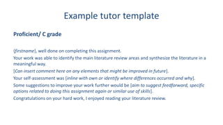 Example tutor template
Proficient/ C grade
{firstname}, well done on completing this assignment.
Your work was able to identify the main literature review areas and synthesize the literature in a
meaningful way.
[Can insert comment here on any elements that might be improved in future].
Your self-assessment was [inline with own or identify where differences occurred and why].
Some suggestions to improve your work further would be [aim to suggest feedforward, specific
options related to doing this assignment again or similar use of skills].
Congratulations on your hard work, I enjoyed reading your literature review.
 