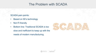 The Problem with SCADA
SCADA pain points:
• Based on 90’s technology
• Not IT-friendly
• Bottom line: Traditional SCADA is too
slow and inefficient to keep up with the
needs of modern manufacturing.
 