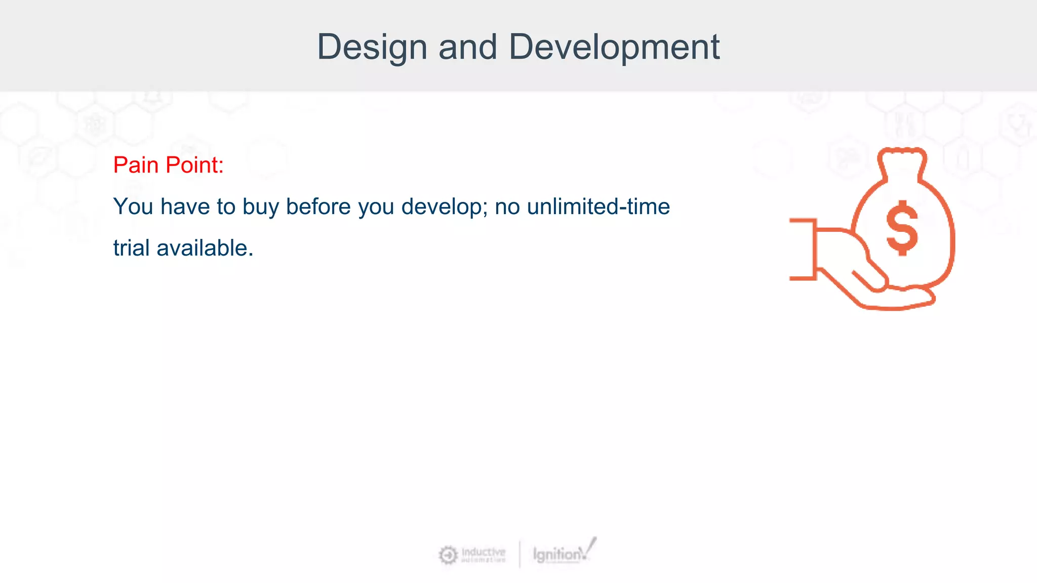 Design and Development
Pain Point:
You have to buy before you develop; no unlimited-time
trial available.
 