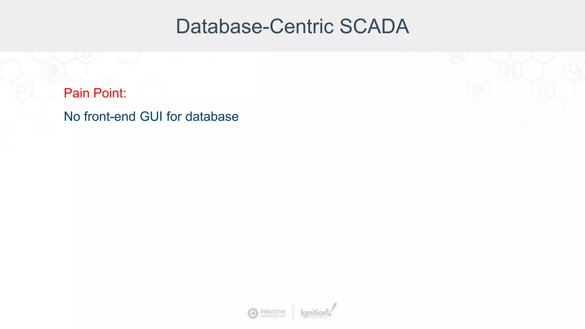 Database-Centric SCADA
Pain Point:
No front-end GUI for database
 