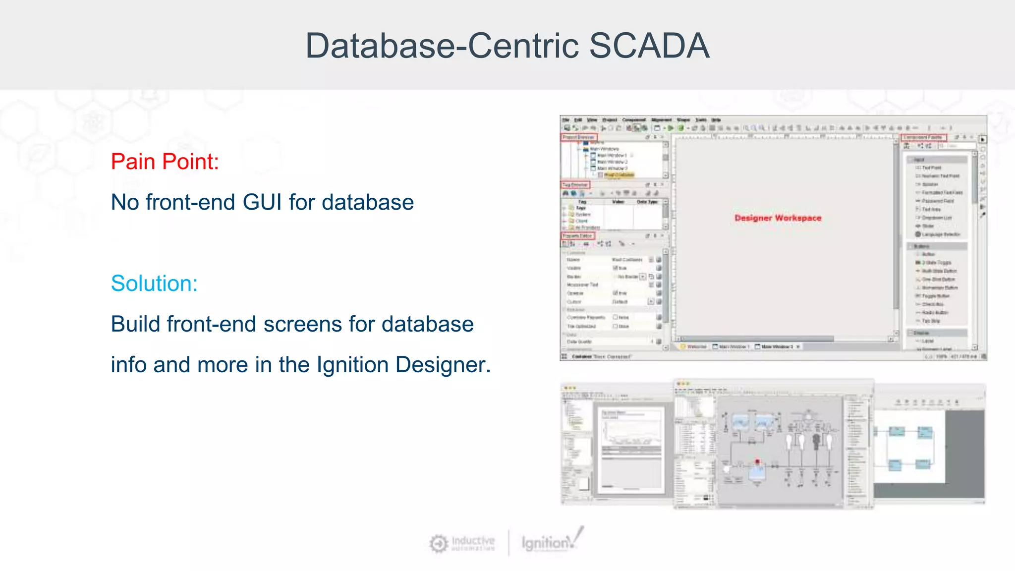 Database-Centric SCADA
Pain Point:
No front-end GUI for database
Solution:
Build front-end screens for database
info and more in the Ignition Designer.
 