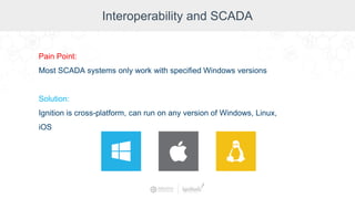 Interoperability and SCADA
Pain Point:
Most SCADA systems only work with specified Windows versions
Solution:
Ignition is cross-platform, can run on any version of Windows, Linux,
iOS
 