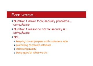 Even worse...
! Number 1 driver to ﬁx security problems... 
compliance.
! Number 1 reason to not ﬁx security is... 
compliance.
! Not.. 
! keeping our employees and customers safe
! protecting corporate interests.
! improving quality
! being good at what we do.
 