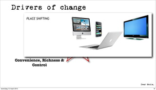 Drivers of change
                         PLACE SHIFTING




                  Convenience, Richness &
                          Control




woensdag 10 maart 2010                      19
 