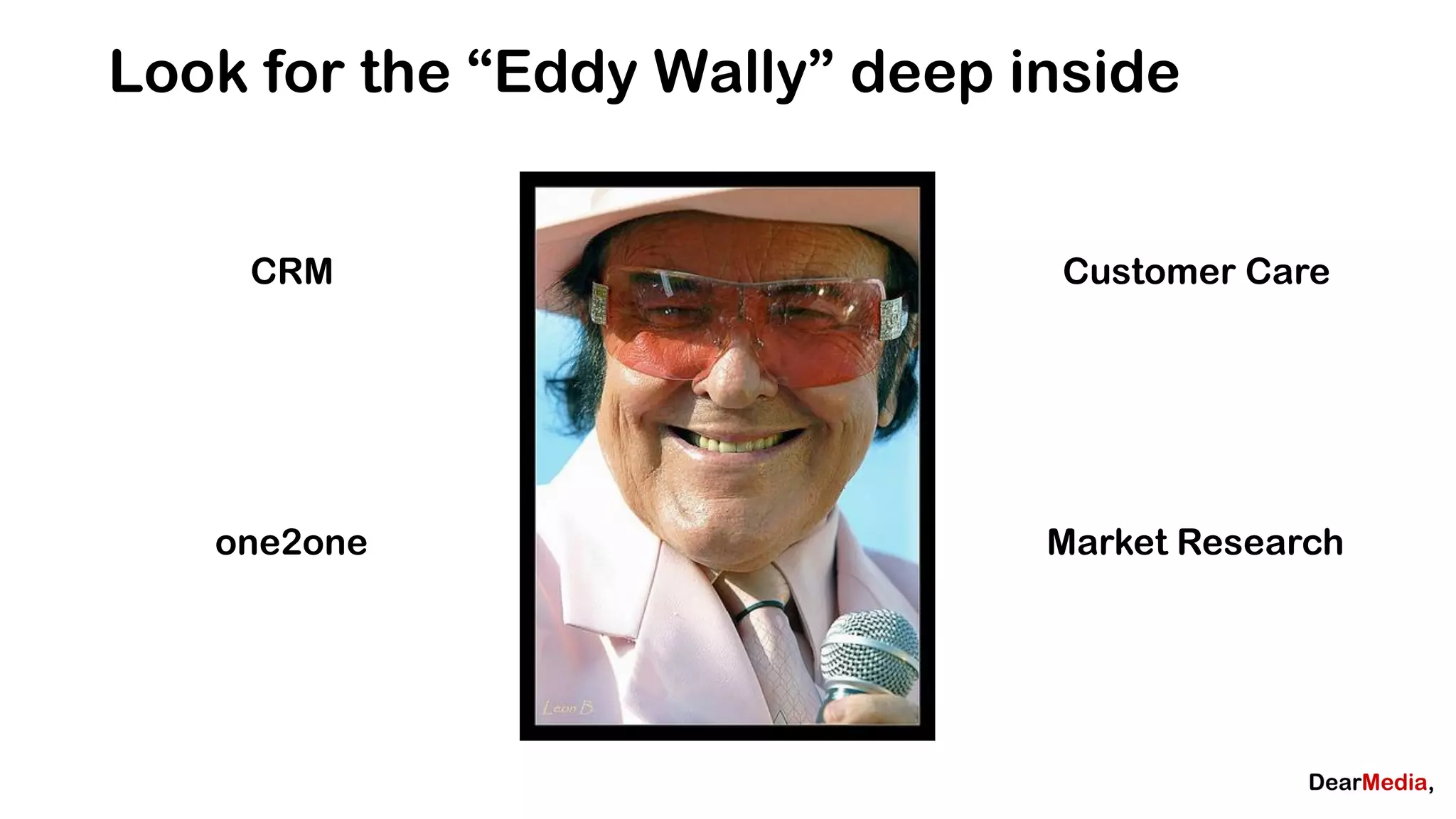 Look for the “Eddy Wally” deep inside


    CRM                         Customer Care




   one2one                      Market Research
 