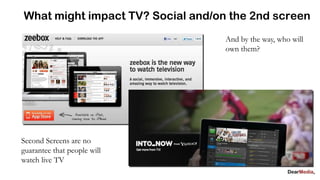 What might impact TV? Social and/on the 2nd screen
                                   And by the way, who will
                                   own them?




Second Screens are no
guarantee that people will
watch live TV
 