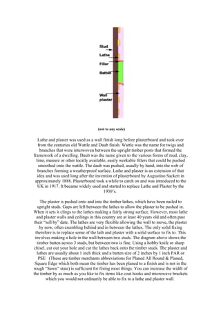 (not to any scale)
Lathe and plaster was used as a wall finish long before plasterboard and took over
from the centuries old Wattle and Daub finish. Wattle was the name for twigs and
branches that were interwoven between the upright timber posts that formed the
framework of a dwelling. Daub was the name given to the various forms of mud, clay,
lime, manure or other locally available, easily workable fillers that could be pushed
smoothed onto the wattle. The daub was pushed, usually by hand, into the web of
branches forming a weatherproof surface. Lathe and plaster is an extension of that
idea and was used long after the invention of plasterboard by Augustino Sackett in
approximately 1888. Plasterboard took a while to catch on and was introduced to the
UK in 1917. It became widely used and started to replace Lathe and Plaster by the
1930’s.
The plaster is pushed onto and into the timber lathes, which have been nailed to
upright studs. Gaps are left between the lathes to allow the plaster to be pushed in.
When it sets it clings to the lathes making a fairly strong surface. However, most lathe
and plaster walls and ceilings in this country are at least 40 years old and often past
their “sell by” date. The lathes are very flexible allowing the wall to move, the plaster
by now, often crumbling behind and in between the lathes. The only solid fixing
therefore is to replace some of the lath and plaster with a solid surface to fix to. This
involves making a hole in the wall between two studs. The diagram above shows the
timber batten across 3 studs, but between two is fine. Using a hobby knife or sharp
chisel, cut out your hole and cut the lathes back onto the timber studs. The plaster and
lathes are usually about 1 inch thick and a batten size of 2 inches by 1 inch PAR or
PSE (These are timber merchants abbreviations for Planed All Round & Planed,
Square Edge which both mean the timber has been planed to a finish and is not in the
rough “Sawn” state) is sufficient for fixing most things. You can increase the width of
the timber by as much as you like to fix items like coat hooks and microwave brackets
which you would not ordinarily be able to fix to a lathe and plaster wall.
 