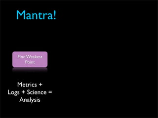 Mantra!


   Find Weakest
       Point




   Metrics +
Logs + Science =
    Analysis
 