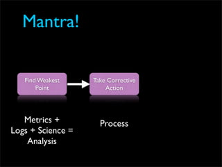 Mantra!


   Find Weakest    Take Corrective
       Point           Action




   Metrics +         Process
Logs + Science =
    Analysis
 