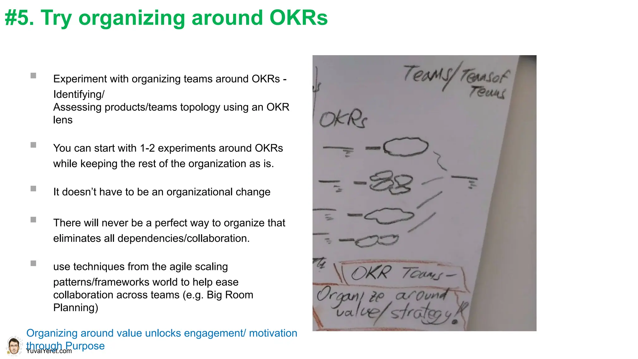 YuvalYeret.com
▪ Experiment with organizing teams around OKRs -
Identifying/
Assessing products/teams topology using an OKR
lens
▪ You can start with 1-2 experiments around OKRs
while keeping the rest of the organization as is.
▪ It doesn’t have to be an organizational change
▪ There will never be a perfect way to organize that
eliminates all dependencies/collaboration.
▪ use techniques from the agile scaling
patterns/frameworks world to help ease
collaboration across teams (e.g. Big Room
Planning)
Organizing around value unlocks engagement/ motivation
through Purpose
#5. Try organizing around OKRs
 