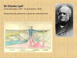Sir Charles Lyell
(14 de Novembro, 1797 – 22 de Fevereiro, 1875)
Responsável por popularizar a teoria do uniformitarismo.
 
