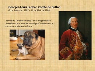 Georges-Louis Leclerc, Comte de Buffon
(7 de Setembro 1707 – 16 de Abril de 1788)
- Teoria do “melhoramento” e da “degeneração”
- Acreditava em “centros de origem” como muitos
outros naturalistas da altura.
 