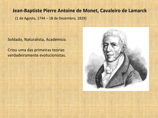 Jean-Baptiste Pierre Antoine de Monet, Cavaleiro de Lamarck
(1 de Agosto, 1744 – 18 de Dezembro, 1829)
Soldado, Naturalista, Académico.
Criou uma das primeiras teorias
verdadeiramente evolucionistas.
 