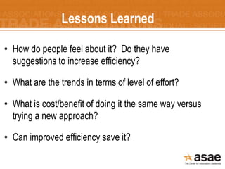 Lessons Learned
• How do people feel about it? Do they have
suggestions to increase efficiency?
• What are the trends in t...