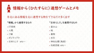情報から（ひたすらに）連想ゲームとメモ
「情報」から連想するもの
• 富士山
• 桜
• 着物
• 水引
• 神社仏閣（鳥居）
• 伝統芸能 etc…
「日本らしさ」を連想するもの
• IT技術
• 人間
• ご縁
• ポジティブさ
• 日本らしさ etc…
手元にある情報を元に連想する物をできるだけ多く出す
 