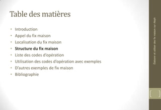 Table des matières
• Introduction
• Appel du fix maison
• Localisation du fix maison
• Structure du fix maison
• Liste des codes d’opération
• Utilisation des codes d’opération avec exemples
• D’autres exemples de fix maison
• Bibliographie
ÉlaboreretutiliserdesfixmaisonsurAleph
 