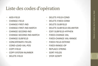 Liste des codes d’opération
• ADD-FIELD
• CHANGE-FIELD
• CHANGE-FIRST-IND
• CHANGE-FIRST-IND-MATCH
• CHANGE-SECOND-IND
• CHANGE-SECOND-IND-MATCH
• CHANGE-SUBFIELD
• CONCATENATE-FIELDS
• COND-LOAD-VAL-POS
• COPY-FIELD
• COPY-SYSTEM-NUMBER
• DELETE-FIELD
• DELETE-FIELD-COND
• DELETE-FIXED-COND
• DELETE-SUBFIELD
• DELETE-SUBFIELD-DELIMITER
• EDIT-SUBFIELD-HYPHEN
• FIXED-CHANGE-VAL
• FIXED-CHANGE-VAL-RANGE
• FIXED-FIELD-EXTEND
• FIXED-RANGE-OP
• REPLACE-STRING
• SORT-FIELDS
• STOP-SCRIPT
ÉlaboreretutiliserdesfixmaisonsurAleph
 