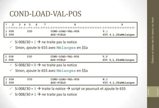 COND-LOAD-VAL-POS
 Si 008/30 = |  ne traite pas la notice
 Sinon, ajoute le 655 avec Mélanges en $$a
 Si 008/30 = 0  ne traite pas la notice
 Sinon, ajoute le 655 avec Mélanges en $$a
 Si 008/30 = 1  traite la notice  script se poursuit et ajoute le 655
 Si 008/30 ≠ 1  ne traite pas la notice
! 2 3 4 5 6 7 8 9
!-!!!!!-!!-!-!!!-!!!-!!!!!-!!!!!!!!!!!!!!!!!!!!!!!!!!!!!!-!!!!!!!!!!!!!!!!!!!
1 008 030 COND-LOAD-VAL-POS Y,|
2 008 ADD-FIELD 655 4,L,$$aMélanges
1 008 030 COND-LOAD-VAL-POS Y,0
2 008 ADD-FIELD 655 4,L,$$aMélanges
1 008 030 COND-LOAD-VAL-POS N,1
2 008 ADD-FIELD 655 4,L,$$aMélanges
ÉlaboreretutiliserdesfixmaisonsurAleph
 