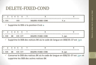 DELETE-FIXED-COND
 Supprime le 006 si la position 0 est a
 Supprime le 008 des notices BK où le code de langue en 008/35-37 est jpn
 Conserve le 008 des notices BK où le code de langue en 008/35-37 est jpn et
supprime les 008 des autres notices BK
! 2 3 4 5 6 7 8 9
!-!!!!!-!!-!-!!!-!!!-!!!!!-!!!!!!!!!!!!!!!!!!!!!!!!!!!!!!-!!!!!!!!!!!!!!!!!
1 006 000 DELETE-FIXED-COND Y,a
! 2 3 4 5 6 7 8 9
!-!!!!!-!!-!-!!!-!!!-!!!!!-!!!!!!!!!!!!!!!!!!!!!!!!!!!!!!-!!!!!!!!!!!!!!!!!
1 008 BK 035 037 DELETE-FIXED-COND Y,jpn
! 2 3 4 5 6 7 8 9
!-!!!!!-!!-!-!!!-!!!-!!!!!-!!!!!!!!!!!!!!!!!!!!!!!!!!!!!!-!!!!!!!!!!!!!!!!!
1 008 BK 035 037 DELETE-FIXED-COND N,jpn
ÉlaboreretutiliserdesfixmaisonsurAleph
 