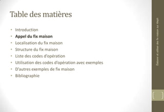 Table des matières
• Introduction
• Appel du fix maison
• Localisation du fix maison
• Structure du fix maison
• Liste des codes d’opération
• Utilisation des codes d’opération avec exemples
• D’autres exemples de fix maison
• Bibliographie
ÉlaboreretutiliserdesfixmaisonsurAleph
 