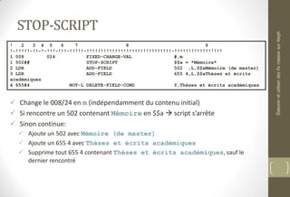 STOP-SCRIPT
 Change le 008/24 en m (indépendamment du contenu initial)
 Si rencontre un 502 contenant Mémoire en $$a  script s’arrête
 Sinon continue:
 Ajoute un 502 avec Mémoire (de master)
 Ajoute un 655 4 avec Thèses et écrits académiques
 Supprime tout 655 4 contenant Thèses et écrits académiques, sauf le
dernier rencontré
! 2 3 4 5 6 7 8 9
!-!!!!!-!!-!-!!!-!!!-!!!!!-!!!!!!!!!!!!!!!!!!!!!!!!!!!!!!-!!!!!!!!!!!!!!!!!
1 008 024 FIXED-CHANGE-VAL #,m
1 502## STOP-SCRIPT $$a = *Mémoire*
2 LDR ADD-FIELD 502 ,L,$$aMémoire (de master)
3 LDR ADD-FIELD 655 4,L,$$aThèses et écrits
académiques
4 655#4 NOT-L DELETE-FIELD-COND Y,Thèses et écrits académiques
ÉlaboreretutiliserdesfixmaisonsurAleph
 