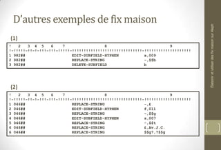 D’autres exemples de fix maison
(1)
(2)
! 2 3 4 5 6 7 8 9
!-!!!!!-!!-!-!!!-!!!-!!!!!-!!!!!!!!!!!!!!!!!!!!!!!!!!!!!!-!!!!!!!!!!!!!!!!!!!!
1 982## EDIT-SUBFIELD-HYPHEN a,009
2 982## REPLACE-STRING -,$$b
3 982## DELETE-SUBFIELD b
ÉlaboreretutiliserdesfixmaisonsurAleph
! 2 3 4 5 6 7 8 9
!-!!!!!-!!-!-!!!-!!!-!!!!!-!!!!!!!!!!!!!!!!!!!!!!!!!!!!!!-!!!!!!!!!!!!!!!!!!!!
1 046## REPLACE-STRING -,£
2 046## EDIT-SUBFIELD-HYPHEN f,011
3 046## REPLACE-STRING -,$$g
4 046## EDIT-SUBFIELD-HYPHEN s,007
5 046## REPLACE-STRING -,$$t
6 046## REPLACE-STRING £,Av.J.C.
6 046## REPLACE-STRING $$g?,?$$g
 