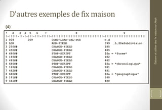 D’autres exemples de fix maison
(4)
! 2 3 4 5 6 7 8 9
!-!!!!!-!!-!-!!!-!!!-!!!!!-!!!!!!!!!!!!!!!!!!!!!!!!!!!!!!-!!!!!!!!!!!!!!!!!!!!!!!!
1 008 009 COND-LOAD-VAL-POS N,d
2 LDR ADD-FIELD 099 ,L,$$aSubdivision
3 250## CHANGE-FIELD 185
3 450## CHANGE-FIELD 485
4 680## STOP-SCRIPT $$a = *forme*
5 185## CHANGE-FIELD 182
5 485## CHANGE-FIELD 482
6 680## STOP-SCRIPT $$a = *chronologique*
7 182## CHANGE-FIELD 181
7 482## CHANGE-FIELD 481
8 680## STOP-SCRIPT $$a = *géographique*
9 181## CHANGE-FIELD 180
9 481## CHANGE-FIELD 480
ÉlaboreretutiliserdesfixmaisonsurAleph
 