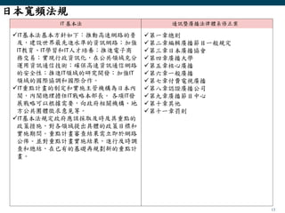 13
IT 基本法 通訊暨廣播法律體系修正案
日本寬頻法規
IT基本法基本方針如下：推動高速網路的普
及，建設世界最先進水準的資訊網路；加強
IT教育、IT學習和IT人才培養；推進電子商
務交易；實現行政資訊化，在公共領域充分
運用資訊通信技術；確保高速資訊通信網路
的安全性；推進IT領域的研究開發；加強IT
領域的國際協調和國際合作。
IT重點計畫的制定和實施主管機構為日本內
閣，內閣總理擔任IT戰略本部長。 各項IT發
展戰略可以根據需要，向政府相關機構、地
方公共團體徵求意見等。
IT基本法規定政府應該採取及時及具重點的
政策措施，對各領域提出具體的政策目標和
實施期間。重點計畫審查結果需立即於網路
公佈。並對重點計畫實施結果，進行及時調
查和總結，在已有的基礎再規劃新的重點計
畫。
第一章總則
第二章編輯廣播節目一般規定
第三章日本廣播協會
第四章廣播大學
第五章核心廣播
第六章一般廣播
第七章付費電視廣播
第八章認證廣播公司
第九章廣播節目中心
第十章其他
第十一章罰則
 
