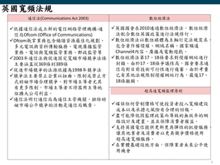 7
通信法(Communications Act 2003) 數位經濟法
超高速寬頻監理原則
英國寬頻法規
依據通信法成立新的電信網路管理機構-通
信局Ofcom (Office of Communications)
Ofcom執掌業務包含頻譜資源最佳化規劃、
多元電訊與資料傳輸服務、電視廣播監管
業務、電話與寬頻監管業務、郵政監管等
2003年通信法與促進固定寬頻市場競爭法條
主要涵蓋從369條到389條
促進市場競爭的法源依據為1998年競爭法
競爭法主要禁止企業以扭曲、限制或禁止方
式妨礙市場合理競爭。對市場主導者尤其
有更多限制，市場主導者不得濫用主導地
位擴大公司利益。
通信法明訂通信局為通信主管機關，排除妨
礙市場公平競爭的活動是通信局職責。 確保任何管制價格可使投資者投入寬頻建設
成本以及承擔之風險有合理的回報。
盡可能降低因監理政策而導致的無效率的網
路設計及建置，並且保障消費者權益。
支持英國電信提供更新更具彈性的批發服務，
讓其他業者及消費者以更具競爭價格使用
超高速寬頻服務。
在實體基礎設施方面，保障業者未來公平使
用機會
英國國會在2010通過數位經濟法。數位經濟
法配合數位英國政策進行法規修訂。
數位經濟法以數位媒體為主軸訂定法規需求，
包含著作權侵權、網域名稱、國家頻道
Channel4內容、廣播及電動遊戲。
數位經濟法第17、18條要求對侵權網站進行
封鎖。由於17、18條爭議性高，國會要求通
信局對目前技術可行性進行複審。由於考量
已有其他法規限制侵權網站行為，最後17、
18條撤銷。
 