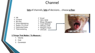 Channel 
lots of channels, lots of decisions… choose a few: 
 PR 
 Contest 
 Biz Dev 
 Direct Marketing 
 Radio / TV / Print 
 Dedicated Sales 
 Telemarketing 
 Email 
 SEO / SEM 
 Blogs / Bloggers 
 Viral / Referral 
 Affiliate / CPA 
 Widgets / Apps 
 LOLCats 
3 Things That Matter / To Measure : 
1. Volume 
2. Cost 
3. Conversion 
 