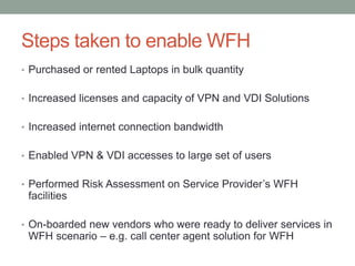 Steps taken to enable WFH
• Purchased or rented Laptops in bulk quantity
• Increased licenses and capacity of VPN and VDI Solutions
• Increased internet connection bandwidth
• Enabled VPN & VDI accesses to large set of users
• Performed Risk Assessment on Service Provider’s WFH
facilities
• On-boarded new vendors who were ready to deliver services in
WFH scenario – e.g. call center agent solution for WFH
 