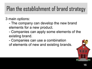 Plan the establishment of brand strategy
3 main options:
  - The company can develop the new brand
  elements for a new product.
  - Companies can apply some elements of the
  existing brand.
  - Companies can use a combination
  of elements of new and existing brands.




                                               15
 