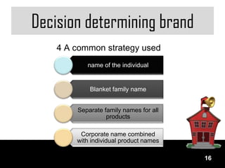 Decision determining brand
    4 A common strategy used
           name of the individual


            Blanket family name


        Separate family names for all
                  products

         Corporate name combined
        with individual product names

                                        16
 