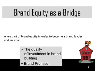 Brand Equity as a Bridge

A key part of brand equity in order to become a brand leader
and an icon:

            ~ The quality
              of investment in brand
              building
            ~ Brand Promise
                                                               6
 